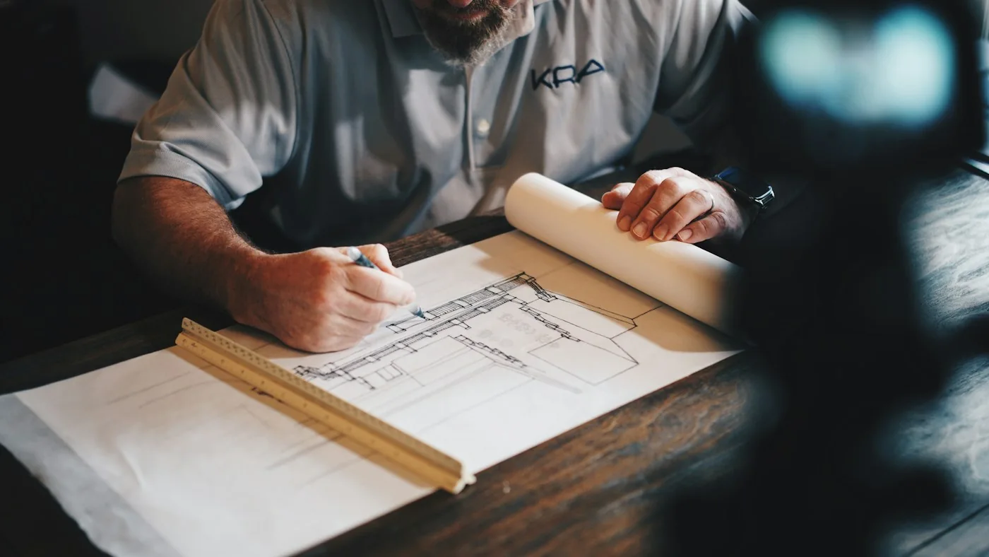 Manos trabajando sobre planos de arquitectura; fotografía de referencia